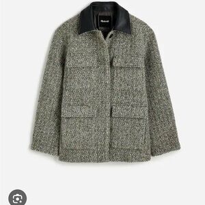 Madewell Gray Tweed Coat with Tan Leather Collar
